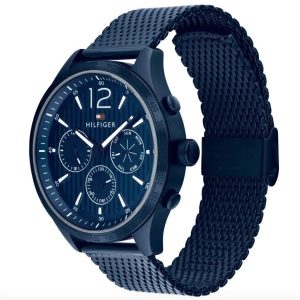 Montre homme Tommy Hilfiger Gavin 44 mm réf. 1791471, cadran bleu, bracelet acier – vue de trois-quarts