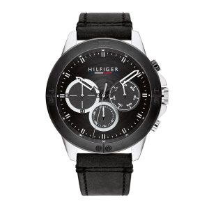 Montre homme Tommy Hilfiger Harley 46 mm réf. 1791894, cadran noir, bracelet cuir, mouvement quartz – vue de face | Horlova Maroc