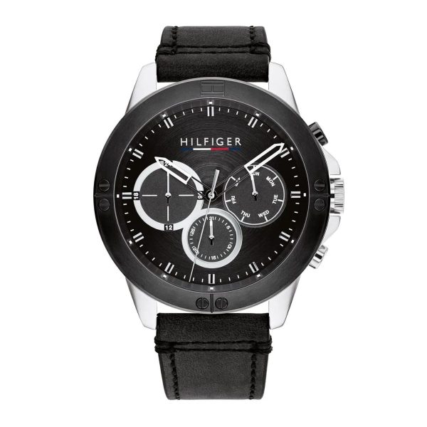 Montre homme Tommy Hilfiger Harley 46 mm réf. 1791894, cadran noir, bracelet cuir, mouvement quartz – vue de face | Horlova Maroc