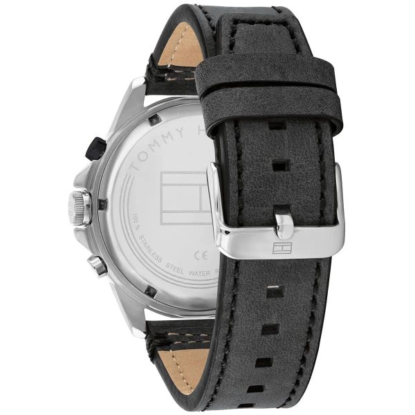 Montre homme Tommy Hilfiger Harley 46 mm réf. 1791894, cadran noir, bracelet cuir – autre angle