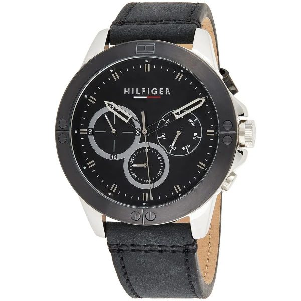Montre homme Tommy Hilfiger Harley 46 mm réf. 1791894, cadran noir, bracelet cuir – vue rapprochée