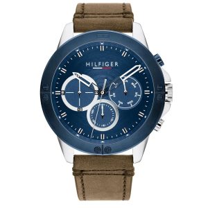 Montre homme Tommy Hilfiger Harley 46 mm réf. 1791895, cadran bleu, mouvement quartz – vue de face | Horlova Maroc
