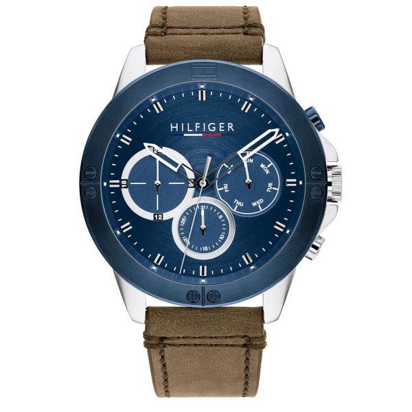 Montre homme Tommy Hilfiger Harley 46 mm réf. 1791895, cadran bleu, mouvement quartz – vue de face | Horlova Maroc