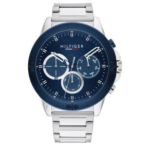 Montre homme Tommy Hilfiger Harley 46 mm réf. 1791932, cadran bleu, bracelet acier, mouvement quartz – vue de face | Horlova Maroc
