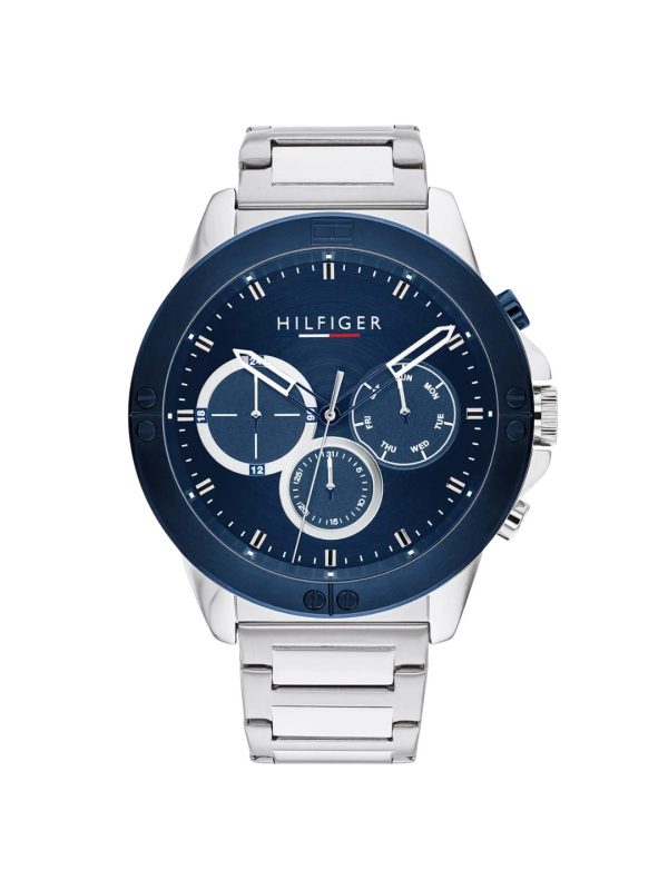 Montre homme Tommy Hilfiger Harley 46 mm réf. 1791932, cadran bleu, bracelet acier, mouvement quartz – vue de face | Horlova Maroc