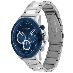 Montre homme Tommy Hilfiger Harley 46 mm réf. 1791932, cadran bleu, bracelet acier – vue de trois-quarts