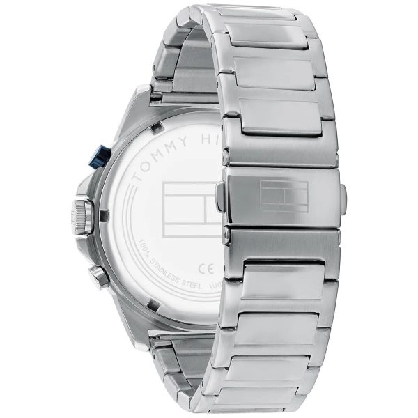 Montre homme Tommy Hilfiger Harley 46 mm réf. 1791932, cadran bleu, bracelet acier – autre angle