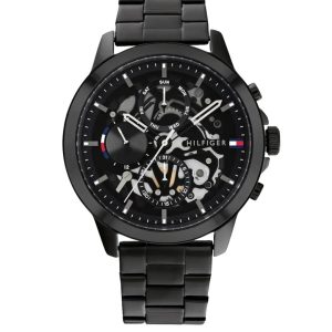 Montre homme Tommy Hilfiger Henry 44 mm réf. 1710478, cadran noir, bracelet acier, mouvement quartz – vue de face | Horlova Maroc