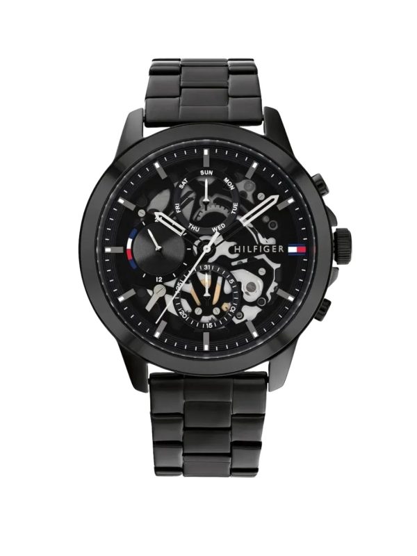 Montre homme Tommy Hilfiger Henry 44 mm réf. 1710478, cadran noir, bracelet acier, mouvement quartz – vue de face | Horlova Maroc