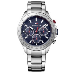 Montre homme Tommy Hilfiger Hudson 44 mm réf. 1791228, cadran bleu, bracelet acier – vue de face | Horlova Maroc