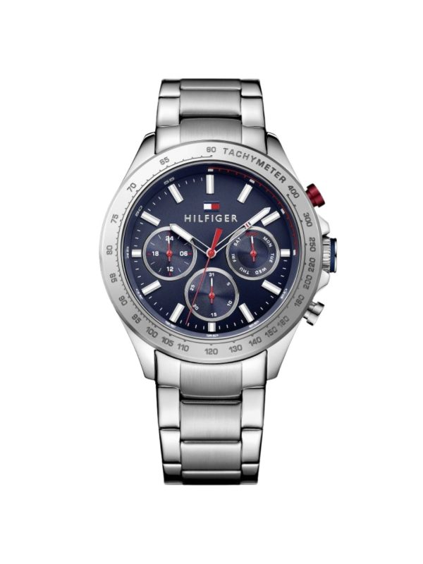 Montre homme Tommy Hilfiger Hudson 44 mm réf. 1791228, cadran bleu, bracelet acier – vue de face | Horlova Maroc