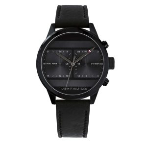 Montre homme Tommy Hilfiger Icon 40 mm réf. 1791595, cadran noir, mouvement quartz – vue de face | Horlova Maroc