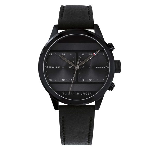 Montre homme Tommy Hilfiger Icon 40 mm réf. 1791595, cadran noir, mouvement quartz – vue de face | Horlova Maroc