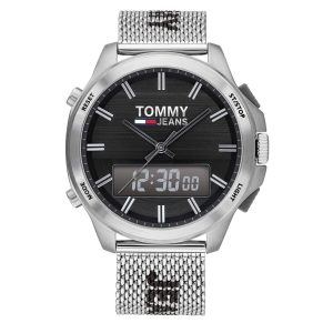 Montre homme Tommy Hilfiger Jeans 46 mm réf. 1791765, cadran noir, bracelet acier – vue de face | Horlova Maroc