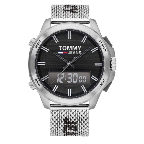 Montre homme Tommy Hilfiger Jeans 46 mm réf. 1791765, cadran noir, bracelet acier – vue de face | Horlova Maroc