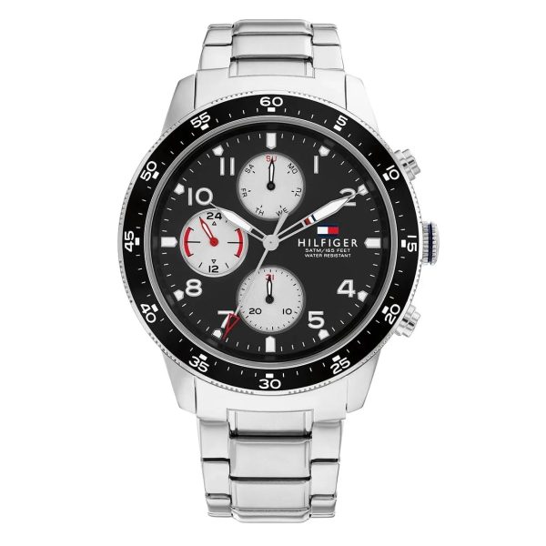 Montre homme Tommy Hilfiger Jimmy 44 mm réf. 1791950, cadran noir, mouvement quartz – vue de face | Horlova Maroc