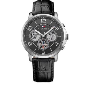 Montre homme Tommy Hilfiger Keagan 44 mm réf. 1791289, cadran gris, bracelet cuir, mouvement quartz – vue de face | Horlova Maroc