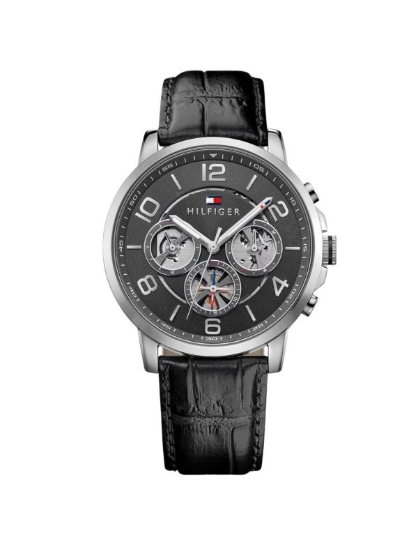 Montre homme Tommy Hilfiger Keagan 44 mm réf. 1791289, cadran gris, bracelet cuir, mouvement quartz – vue de face | Horlova Maroc