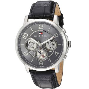 Montre homme Tommy Hilfiger Keagan 44 mm réf. 1791289, cadran gris, bracelet cuir – vue de trois-quarts
