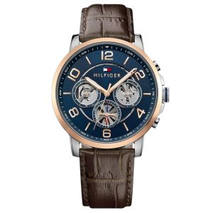 Montre homme Tommy Hilfiger Keagan 44 mm réf. 1791290, cadran bleu, bracelet cuir, mouvement quartz – vue de face | Horlova Maroc