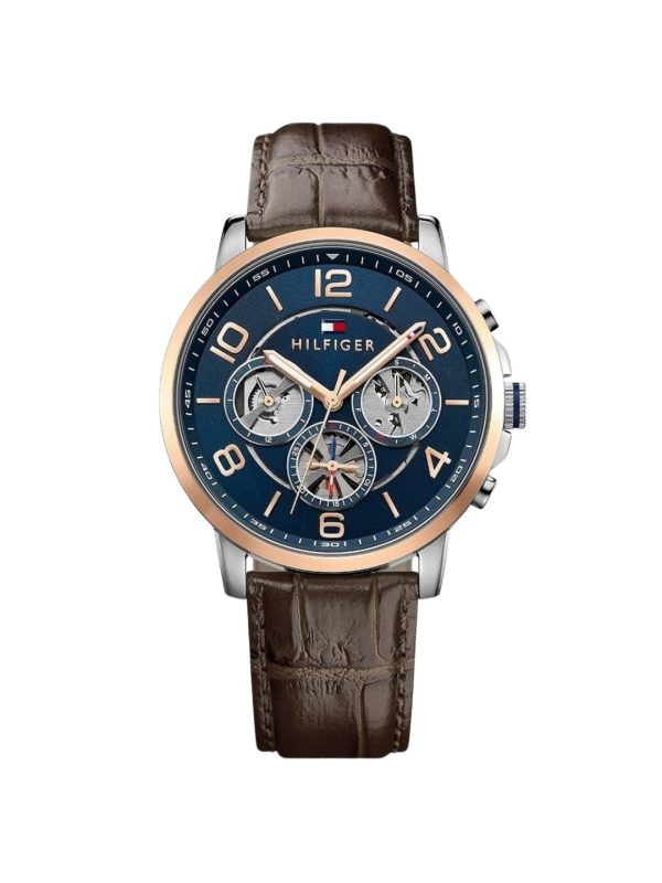 Montre homme Tommy Hilfiger Keagan 44 mm réf. 1791290, cadran bleu, bracelet cuir, mouvement quartz – vue de face | Horlova Maroc