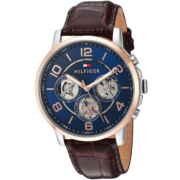 Montre homme Tommy Hilfiger Keagan 44 mm réf. 1791290, cadran bleu, bracelet cuir – vue rapprochée