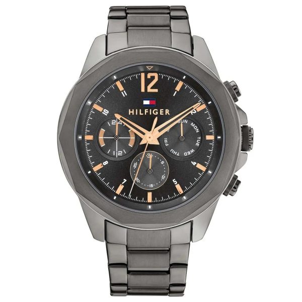 Montre homme Tommy Hilfiger Lars 46 mm réf. 1792061, cadran noir, bracelet acier, mouvement quartz – vue de face | Horlova Maroc