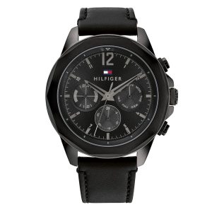 Montre homme Tommy Hilfiger Lars 46 mm réf. 1792062, cadran noir, mouvement quartz – vue de face | Horlova Maroc