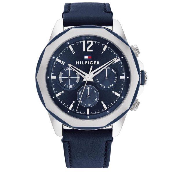Montre homme Tommy Hilfiger Lars 46 mm réf. 1792063, cadran bleu, bracelet cuir, mouvement quartz – vue de face | Horlova Maroc