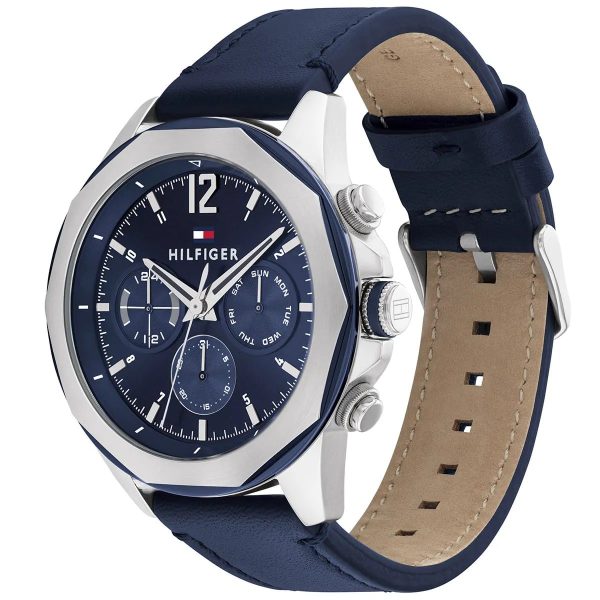 Montre homme Tommy Hilfiger Lars 46 mm réf. 1792063, cadran bleu, bracelet cuir – autre angle