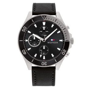 Montre homme Tommy Hilfiger Larson 46 mm réf. 1791984, cadran noir, mouvement quartz – vue de face | Horlova Maroc