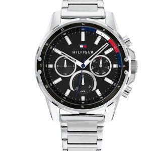 Montre homme Tommy Hilfiger Mason 44 mm réf. 1791936, cadran noir, bracelet acier, mouvement quartz – vue de face | Horlova Maroc