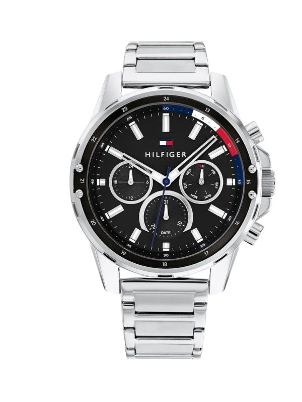 Montre homme Tommy Hilfiger Mason 44 mm réf. 1791936, cadran noir, bracelet acier, mouvement quartz – vue de face | Horlova Maroc