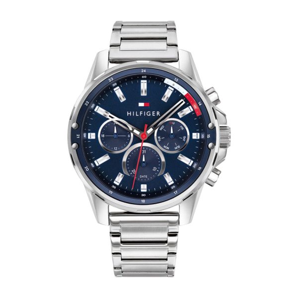 Montre homme Tommy Hilfiger Mason 45 mm réf. 1791788, cadran bleu, bracelet cuir, mouvement quartz – vue de face | Horlova Maroc