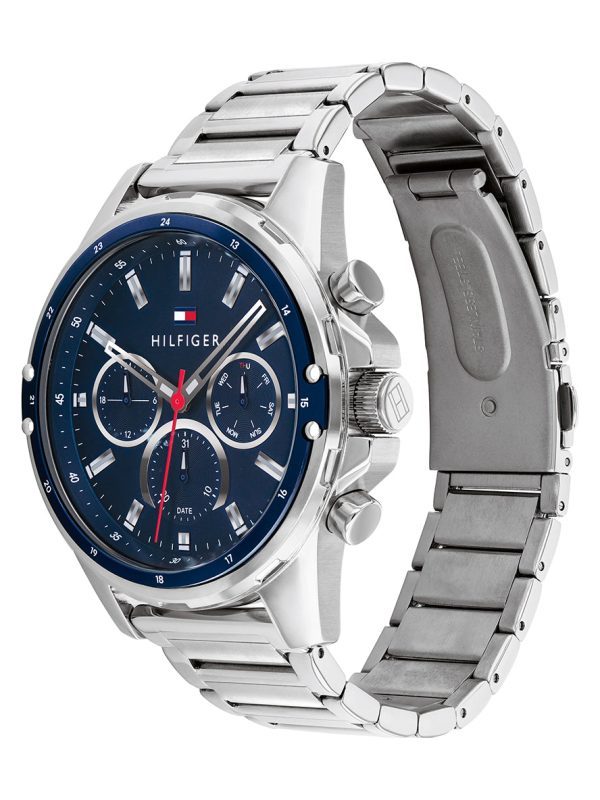 Montre homme Tommy Hilfiger Mason 45 mm réf. 1791788, cadran bleu, bracelet cuir – autre angle