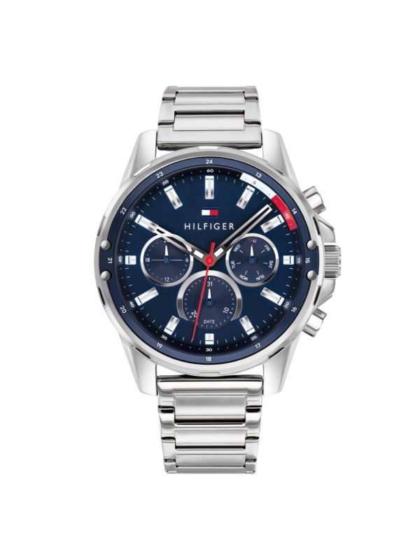 Montre homme Tommy Hilfiger Mason 45 mm réf. 1791788, cadran bleu, bracelet cuir – vue rapprochée