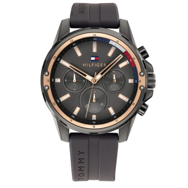 Montre homme Tommy Hilfiger Mason 45 mm réf. 1791792, cadran gris, bracelet silicone, mouvement quartz – vue de face | Horlova Maroc