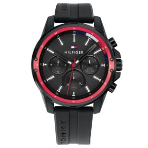 Montre homme Tommy Hilfiger Mason 45 mm réf. 1791793, cadran noir, bracelet silicone, mouvement quartz – vue de face | Horlova Maroc