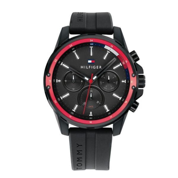 Montre homme Tommy Hilfiger Mason 45 mm réf. 1791793, cadran noir, bracelet silicone – vue rapprochée
