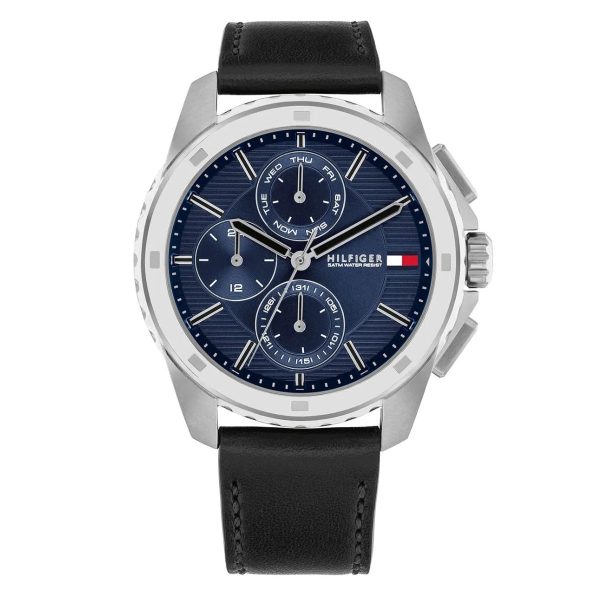 Montre homme Tommy Hilfiger Navy 44 mm réf. 1710619, cadran bleu marine, mouvement quartz – vue de face | Horlova Maroc