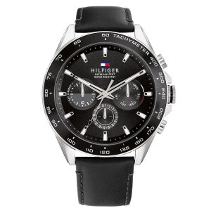 Montre homme Tommy Hilfiger Owen 46 mm réf. 1791964, cadran noir, mouvement quartz chronographe – vue de face | Horlova Maroc