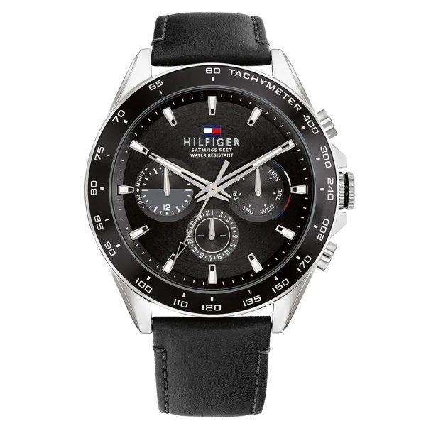Montre homme Tommy Hilfiger Owen 46 mm réf. 1791964, cadran noir, mouvement quartz chronographe – vue de face | Horlova Maroc