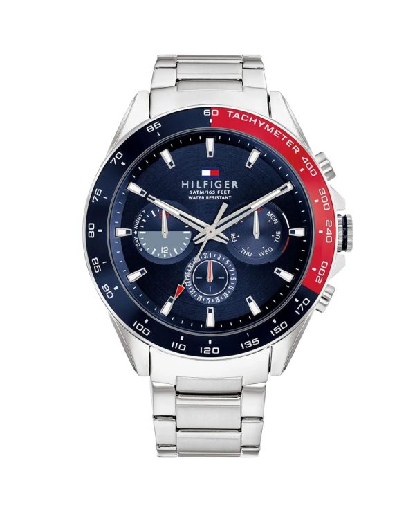 Montre homme Tommy Hilfiger Owen 46 mm réf. 1791968, cadran bleu, bracelet acier – vue de face | Horlova Maroc