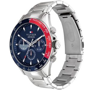 Montre homme Tommy Hilfiger Owen 46 mm réf. 1791968, cadran bleu, bracelet acier – vue de trois-quarts