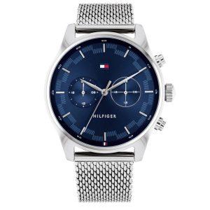 Montre homme Tommy Hilfiger Sawyer 44 mm réf. 1710420, cadran bleu, bracelet maille milanaise – vue de face | Horlova Maroc