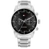 Montre homme Tommy Hilfiger Sawyer 45 mm réf. 1710419, cadran noir, bracelet acier, mouvement quartz – vue de face | Horlova Maroc