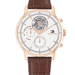 Montre homme Tommy Hilfiger Stewart 44 mm réf. 1710606, bracelet cuir, mouvement quartz – vue de face | Horlova Maroc
