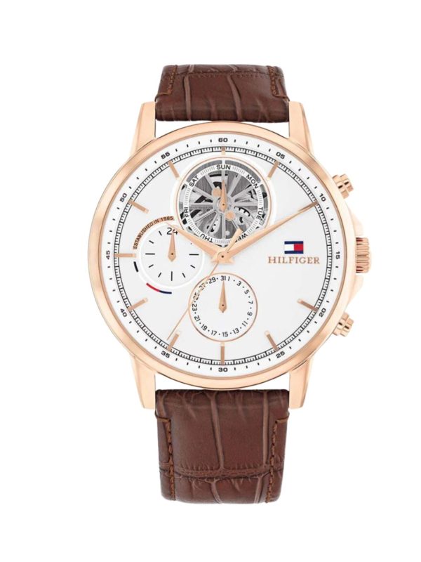 Montre homme Tommy Hilfiger Stewart 44 mm réf. 1710606, bracelet cuir, mouvement quartz – vue de face | Horlova Maroc