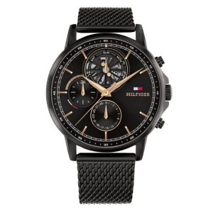 Montre homme Tommy Hilfiger Stewart 44 mm réf. 1710610, cadran noir, mouvement quartz – vue de face | Horlova Maroc