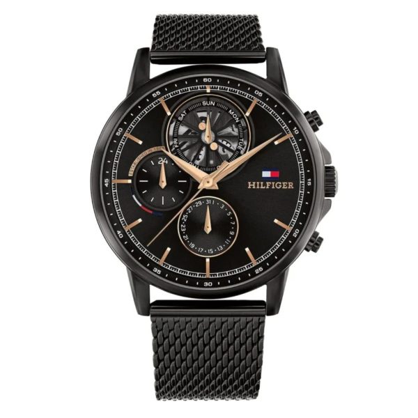 Montre homme Tommy Hilfiger Stewart 44 mm réf. 1710610, cadran noir, mouvement quartz – vue de face | Horlova Maroc